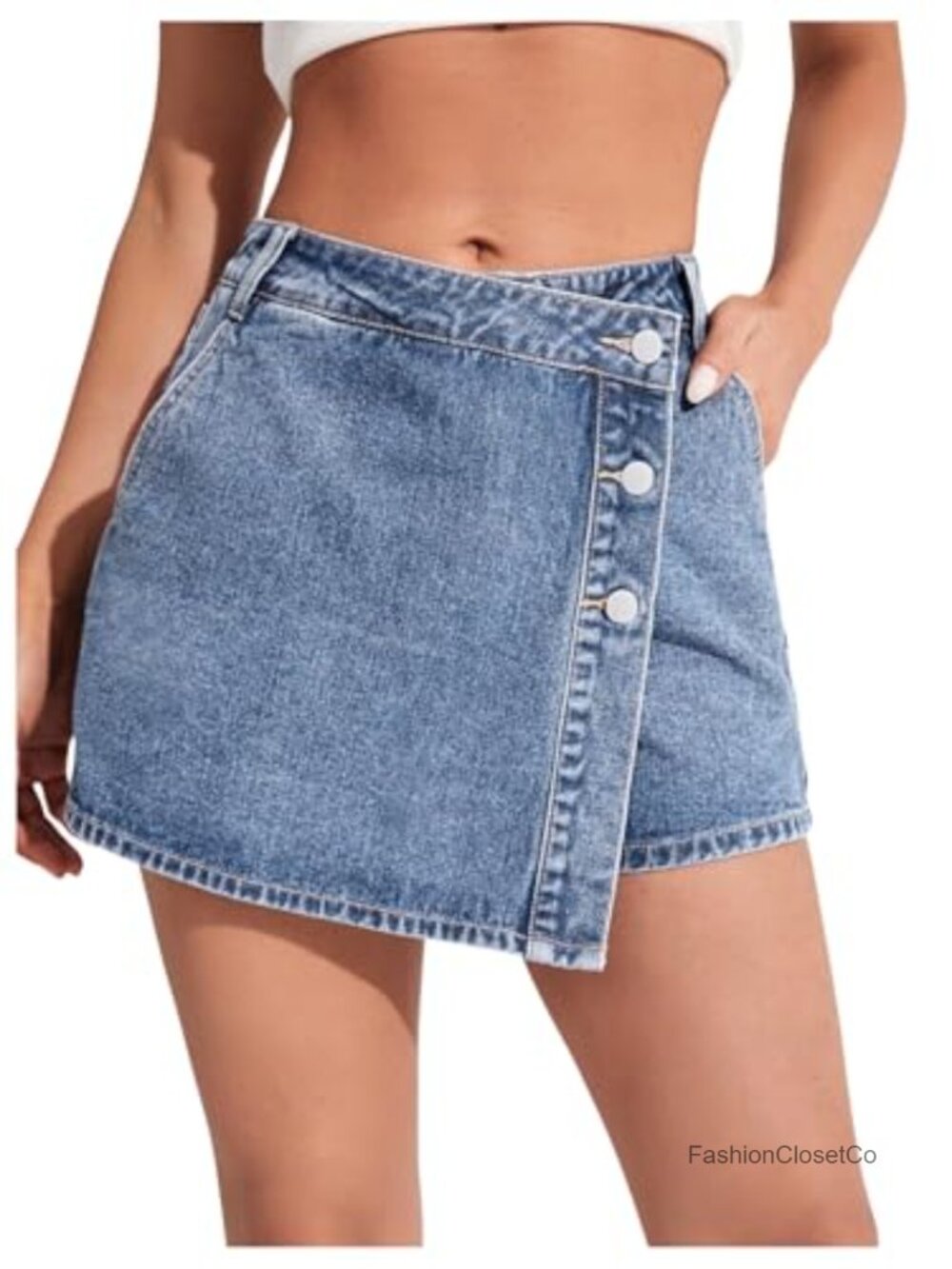 High Waisted Button Down Asymmetrical Hem Denim Skort